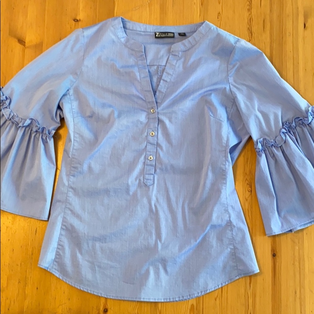 V neck blue blouse 3/4 angel sleeves